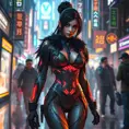 Irelia, in a futuristic, cyber-leathered outfit with digital, animated tattoos that sync with her movements, walking down a bustling, neon-lit street of a futuristic city, her eyes sharp and focused as she navigates the crowd.