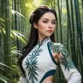 Irelia, the graceful bladesinger, with elegant, floral-inspired tattoos that cover her arms and back, wearing a traditional, Ionian-style outfit with a high collar, standing in a serene, bamboo forest with her blades poised.