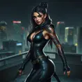 Akali, the stealthy assassin, with striking, tribal-style tattoos that wrap around her arms and torso, wearing a form-fitting, black combat suit, poised in a shadowy, urban rooftop setting with city lights twinkling in the background.