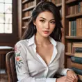 Ahri, with delicate, floral tattoos that bloom across her shoulders and down her spine, dressed in a classic, white button-down shirt that is artfully unbuttoned, sitting in a cozy, book-filled library.