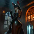 Ahri, the enigmatic fox-woman, clad in form-fitting black leather that accentuates her lithe, feline grace, standing amidst a dimly lit, smoky jazz club with a backdrop of shimmering city lights seen through large, arched windows.