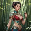 Irelia, the graceful bladesinger, with elegant, floral-inspired tattoos that cover her arms and back, wearing a traditional, Ionian-style outfit with a high collar, standing in a serene, bamboo forest with her blades poised.