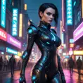 Morgana, in a futuristic, cyber-leathered outfit with digital, animated tattoos that flicker with dark energy, walking down a dimly lit, neon-lit street of a dystopian city, her eyes glowing with a mysterious light.