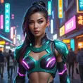 Akali, in a futuristic, cyber-leathered outfit with digital, animated tattoos that glow with neon lights, walking down a bustling, neon-lit street of a cyberpunk city, her eyes sharp and focused as she navigates the crowd.