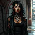 Akali, sporting bold, geometric tattoos that trace the contours of her face and neck, wearing a sleek, leather jacket over a black tank top, leaning against a graffiti-covered wall in a dimly lit, industrial alleyway.