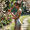 Seraphine, with delicate, butterfly tattoos fluttering across her wrists and ankles, dressed in a sparkling, sequined dress, standing in a serene, garden setting with cherry blossoms falling around her.