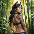 Ahri, the alluring fox-woman, adorned with intricate, tribal-style tattoos that cover her arms and back, wearing a revealing, halter-neck top that showcases her ink, posed in a serene, bamboo forest with sunlight filtering through the leaves.