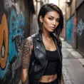 Akali, sporting bold, geometric tattoos that trace the contours of her face and neck, wearing a sleek, leather jacket over a black tank top, leaning against a graffiti-covered wall in a dimly lit, industrial alleyway.