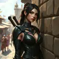 Irelia, sporting bold, geometric tattoos that trace the contours of her face and neck, wearing a sleek, black combat suit with her blades strapped to her back, leaning against a stone wall in a bustling, ancient marketplace.