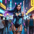 Ahri, in a futuristic, cyberpunk-inspired outfit with digital, animated tattoos that flicker with neon lights, walking down a bustling, neon-lit street of a cyberpunk city, her tail swishing playfully as she navigates the crowd.