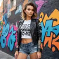 Seraphine, sporting bold, graffiti-style tattoos that spell out lyrics on her forearms, wearing a chic, leather jacket over a graphic tee, leaning against a vibrant, street art-covered wall in a bustling city square.