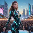 Seraphine, sporting a futuristic, cyber-leathered bodysuit with glowing musical symbols embedded in the design, performing on a floating stage above a crowd in a bustling futuristic cityscape.