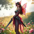 Irelia, with delicate, butterfly tattoos that flutter across her wrists and ankles, dressed in a vibrant, festival-style outfit, standing in a sunlit, flower-filled meadow with her blades sheathed.