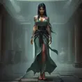 Akali, with delicate, floral tattoos that bloom across her wrists and ankles, dressed in a flowing, assassin's robe that subtly reveals her ink, standing in a misty, ancient temple courtyard.