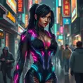 Akali, in a futuristic, cyber-leathered outfit with digital, animated tattoos that glow with neon lights, walking down a bustling, neon-lit street of a cyberpunk city, her eyes sharp and focused as she navigates the crowd.