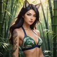 Ahri, the alluring fox-woman, adorned with intricate, tribal-style tattoos that cover her arms and back, wearing a revealing, halter-neck top that showcases her ink, posed in a serene, bamboo forest with sunlight filtering through the leaves.