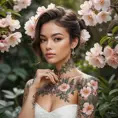 Samira, with delicate floral tattoos winding around her arms and neck, is portrayed in a tranquil garden. The flowers in her tattoos mirror the real blossoms around her, creating a harmonious blend of art and nature.