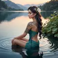 A serene Sona with vine and flower tattoos, sitting by a serene lake at dawn, with her music notes creating ripples in the water.