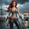 Miss Fortune from League of Legends, her arms and back covered in tribal tattoos that symbolize her pirate heritage, wearing a revealing corset and leather pants, standing in a stormy harbor with her crew in the background, dramatic lighting, hyper-realistic, 8K resolution