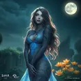 Lux, the beacon of hope, her skin marked with tattoos that flow like liquid light, standing in a serene garden under a full moon, her presence illuminating the night.