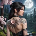 Tifa Lockhart with elegant, floral tattoos adorning her shoulders and upper back, standing in a serene, moonlit forest with cherry blossoms falling around her.