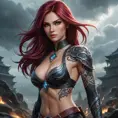 Katarina from League of Legends with dark, mystical tattoos that seem to move and shift, standing in a stormy battlefield, her aura radiating both fear and admiration.