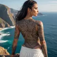 Samira, a warrior goddess with ancient runes and symbols tattooed across her body, stands atop a cliff overlooking a vast ocean. The tattoos emit a soft, ethereal light, reflecting the power and wisdom she embodies.