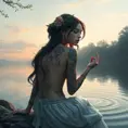 A serene Sona with vine and flower tattoos, sitting by a serene lake at dawn, with her music notes creating ripples in the water.