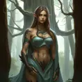 Fiora from League of Legends with dragon tattoos winding around her arms and chest, standing in a misty forest with ancient trees towering around her, her presence exuding strength and grace.