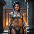 Nidalee, the powerful warrior from The Witcher 3, with tattoos that shimmer with ancient magic, standing in a grand, ancient temple, surrounded by towering stone pillars and flickering torchlight.