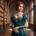 Triss Merigold, the beloved sorceress from The Witcher 3, with elegant tattoos that form a magical circle around her arms, standing in a grand library filled with ancient tomes, her dress flowing gracefully, and her eyes filled with wisdom and determination.