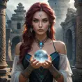 Katarina, a mysterious enchantress with mystical runes tattooed on her face and hands, surrounded by swirling mist and ancient ruins, holding a crystal ball that glows with inner light.