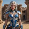 Sivir, the mercenary with striking blue eyes and flowing silver hair, adorned with intricate tribal tattoos that glow faintly in the moonlight, standing confidently in a desert landscape with a backdrop of ancient ruins.