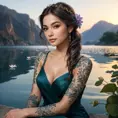 A serene Sona with vine and flower tattoos, sitting by a serene lake at dawn, with her music notes creating ripples in the water.