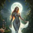 Lux, the beacon of hope, her skin marked with tattoos that flow like liquid light, standing in a serene garden under a full moon, her presence illuminating the night.