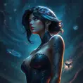 Fiora from League of Legends with celestial tattoos of stars and constellations on her shoulders and neck, standing under a night sky filled with swirling galaxies, her eyes reflecting the cosmic light.