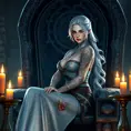 Ciri from The Witcher 3, with elegant floral tattoos intertwined with magical symbols, sitting on a throne made of ancient stone, surrounded by floating candles and glowing crystals, fantasy art style, 8K