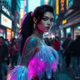 Sona, in a futuristic, cyber-leathered outfit with digital, animated tattoos that sync with her music, walking down a bustling, neon-lit street of a futuristic city, her eyes serene and focused as she navigates the crowd.