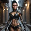 Vayne, the vengeful assassin, her skin covered in detailed, serpentine tattoos that coil around her arms and neck, standing in a dimly lit alleyway with a crossbow aimed at her target.