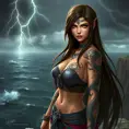 Tifa Lockhart with mystical, dragon-themed tattoos winding around her arms and chest, standing on a cliff overlooking a stormy sea, with lightning illuminating the sky.