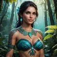 A stunning Nidalee from The Witcher 3, adorned with intricate tribal tattoos that glow with a mystical aura, standing in a lush, enchanted forest with bioluminescent plants illuminating her path.