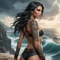 Nidalee, the fierce huntress from The Witcher 3, with striking tattoos that tell the story of her battles and victories, standing atop a cliff overlooking a vast, stormy ocean, her hair blowing in the wind.