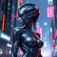 A stunning Vex with intricate geometric tattoos covering their metallic body, standing in a futuristic cityscape with neon lights reflecting off their surface.