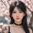 A close-up of Tifa Lockhart with delicate, watercolor-style tattoos on her face and neck, set against a soft, dreamy background of floating cherry blossoms.