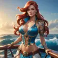 Miss Fortune from League of Legends, adorned with intricate tattoos that glow with a mystical aura, standing on the deck of her ship with the ocean waves crashing behind her, her dual pistols gleaming in the sunlight, cinematic lighting, high detail, 4K resolution