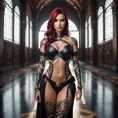 Katarina from League of Legends with bold, geometric tattoos resembling ancient Noxian symbols, standing in a grand hall filled with shadows, her presence commanding and powerful.