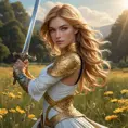 Fiora, the graceful duelist with flowing golden hair, adorned with intricate floral tattoos that bloom like wildflowers across her arms and back, standing in a sunlit meadow with a sword in hand, her eyes sharp and determined.