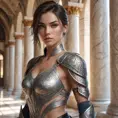 Fiora, the noble warrior with a serene expression, her skin adorned with delicate, swirling tattoos that resemble ancient runes, standing in a grand hall with marble pillars, her rapier gleaming in the soft light.