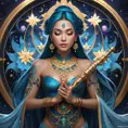 A radiant Sona with mandala-inspired tattoos, surrounded by a symphony of floating instruments in a celestial chamber filled with starlight.