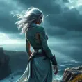 Ciri from The Witcher 3, adorned with mystical dragon tattoos that shimmer with ethereal light, standing on a cliff overlooking a stormy sea, wind blowing her hair, dramatic sky, ultra-detailed, 8K